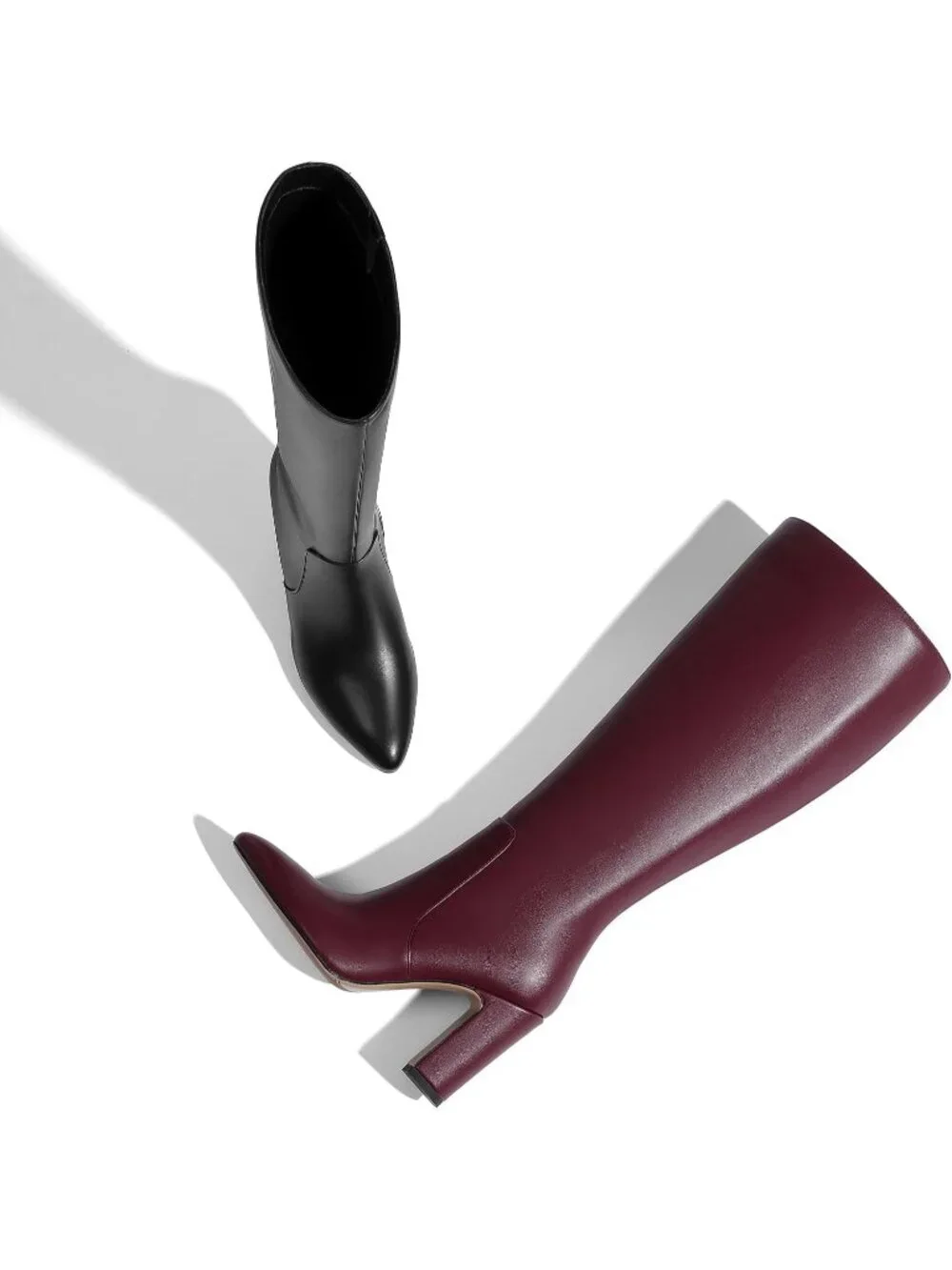 Women's Burgundy Pu Chunky Heel Pointed Toe Wide Calf Side Zipper Knee High Boot